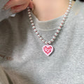 Light Luxury Vintage Court Style Faux Pearl Enamel Heart Pendant Necklace For Women view 3