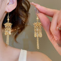 New Chinese Style Gold Plated Copper Lotus Tassel Drop Earrings Vintage Ethnic Hook Jewelry for Women view 1