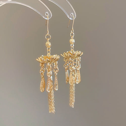 New Chinese Style Gold Plated Copper Lotus Tassel Drop Earrings Vintage Ethnic Hook Jewelry for Women