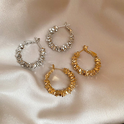 Irregular Crushed Silver Alloy Hoop Earrings Minimalist Light Luxury Round Design