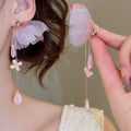 Sweet Fabric Butterfly Flower Tassel Drop Earrings With Zircon Accents And Silver Needle Posts view 3