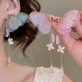 Sweet Fabric Butterfly Flower Tassel Drop Earrings With Zircon Accents And Silver Needle Posts view 1
