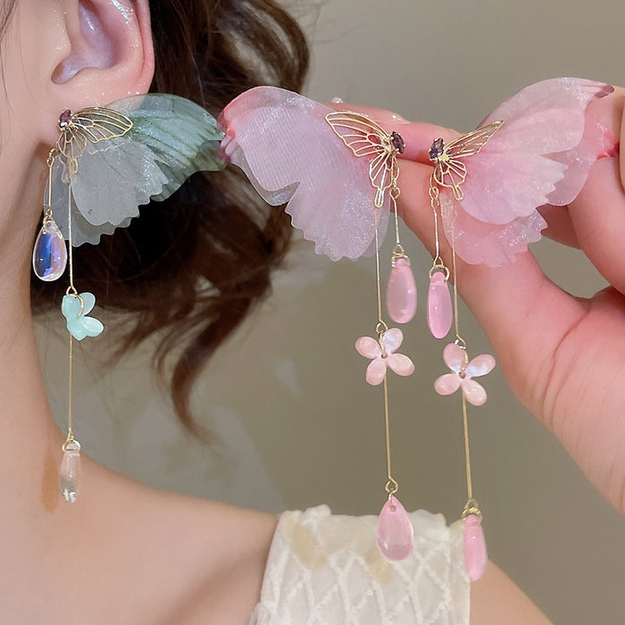 Sweet Fabric Butterfly Flower Tassel Drop Earrings With Zircon Accents And Silver Needle Posts