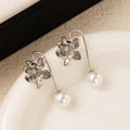 Elegant Silver Needle Flower Pearl Drop Earrings For Women Sweet Luxury Floral Statement Earrings view 2