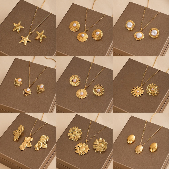 French Vintage Metal Geometric Star Pearl Stud Earrings And Necklace Set Light Luxury Jewelry