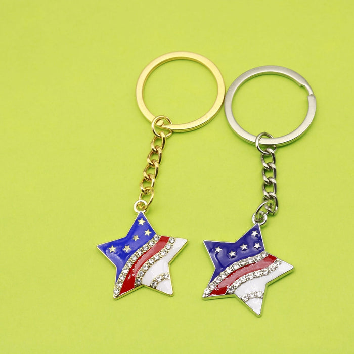 Metal Rhinestone Flag Heart Star Keychain Patriotic Bag Charm