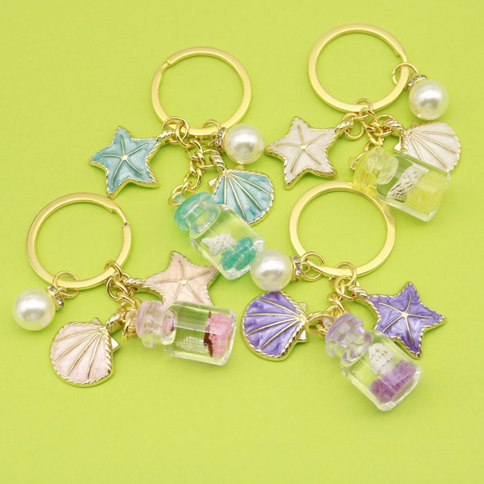 Metal Ocean-Themed Seashell Mermaid Pearl Wish Bottle Glow Keychain Gift