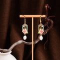 Vintage Chinese Style Alloy Hollow Pink Flower Enamel Faux Pearl Drop Dangle Elegant Earrings view 4