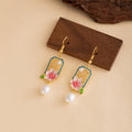 Vintage Chinese Style Alloy Hollow Pink Flower Enamel Faux Pearl Drop Dangle Elegant Earrings view 3
