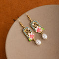 Vintage Chinese Style Alloy Hollow Pink Flower Enamel Faux Pearl Drop Dangle Elegant Earrings view 2