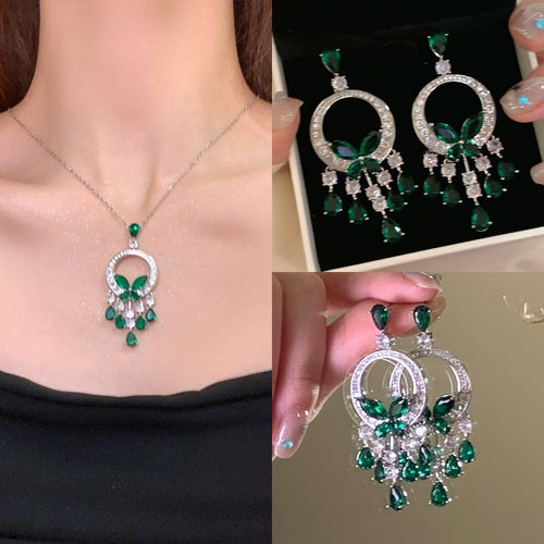 Copper Emerald Rhinestone Butterfly Tassel Drop Earrings, Light Luxury OL Statement Jewelry