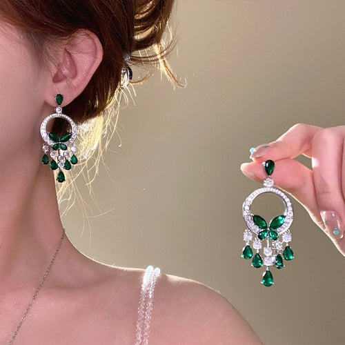 Copper Emerald Rhinestone Butterfly Tassel Drop Earrings, Light Luxury OL Statement Jewelry