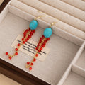 Vintage Oval Turquoise Stone Red Crystal Pomegranate Long Tassel Drop Dangle Earrings view 4