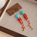 Vintage Oval Turquoise Stone Red Crystal Pomegranate Long Tassel Drop Dangle Earrings view 3