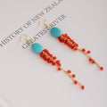 Vintage Oval Turquoise Stone Red Crystal Pomegranate Long Tassel Drop Dangle Earrings view 2