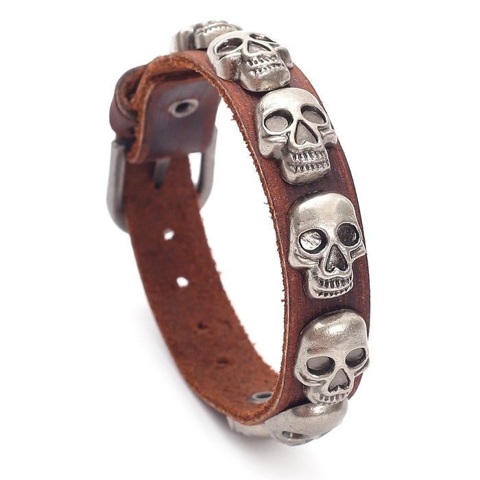 Vintage Punk Skull Cowhide Leather Bracelet For Men Adjustable Distressed Wristband