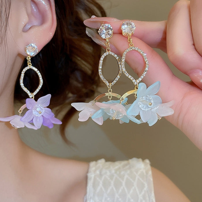 Fresh Floral Acrylic Zircon Flower Drop Earrings With Silver Pins Vacation Sweet Style