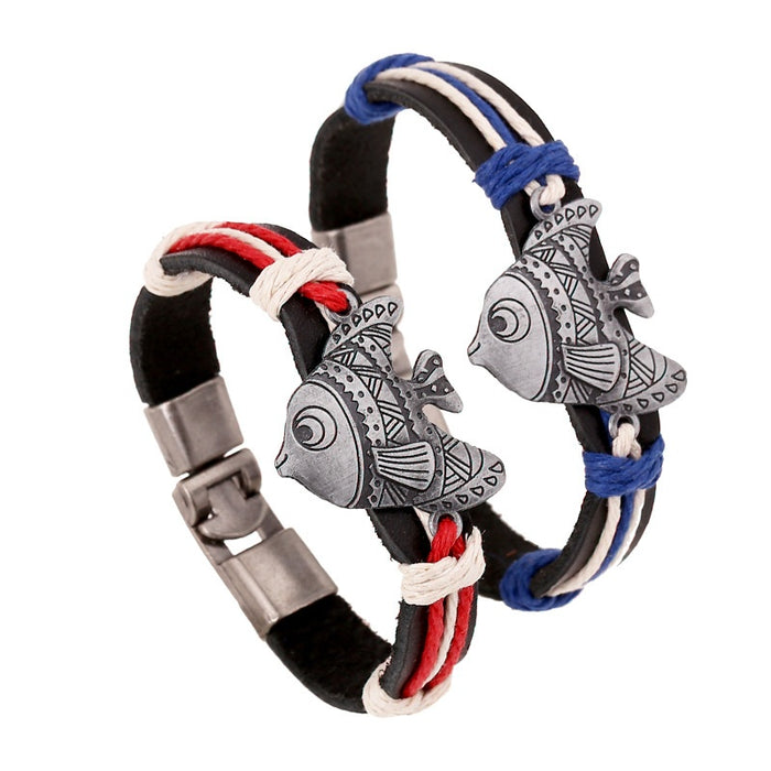Lucky Fish Alloy Charm Genuine Leather Braided Couple Bracelet Cowhide Bracelet