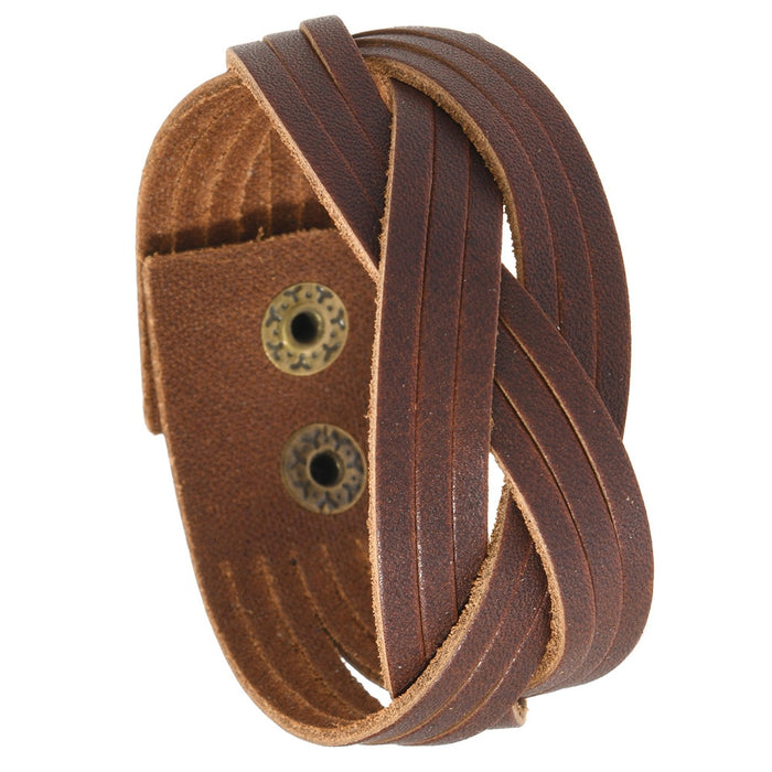 Simple Handmade Braided Cowhide Leather Bracelet Adjustable Punk Hip Hop Men's Wristband