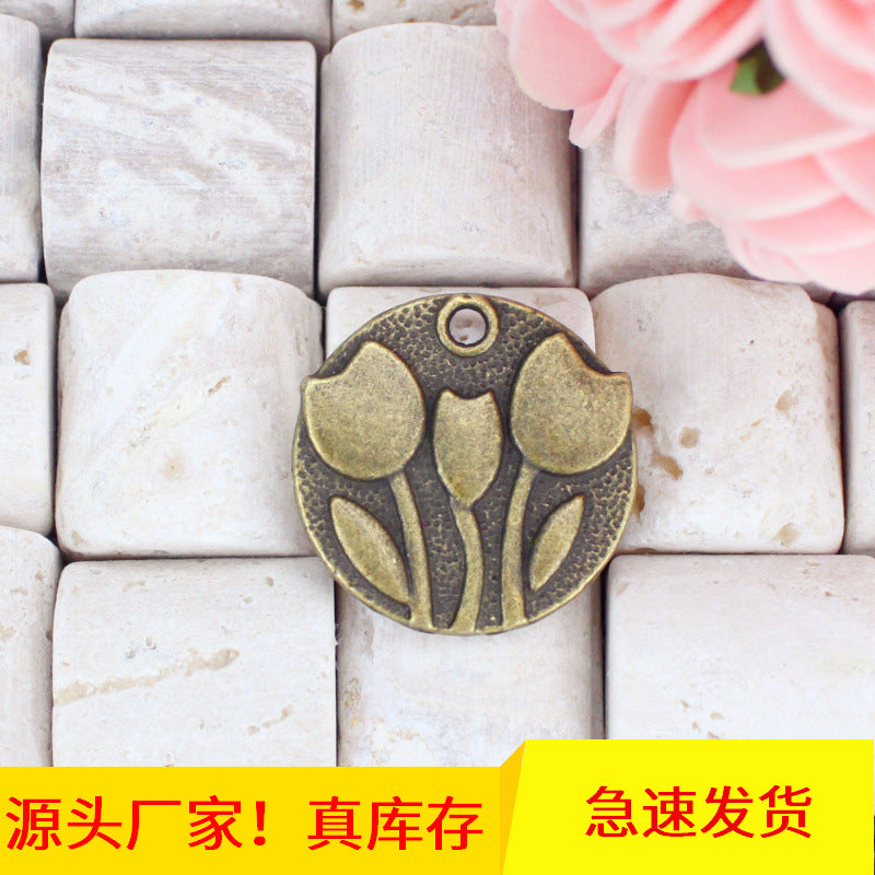25mm Alloy Tulip Round Charm Pendant Antique Style