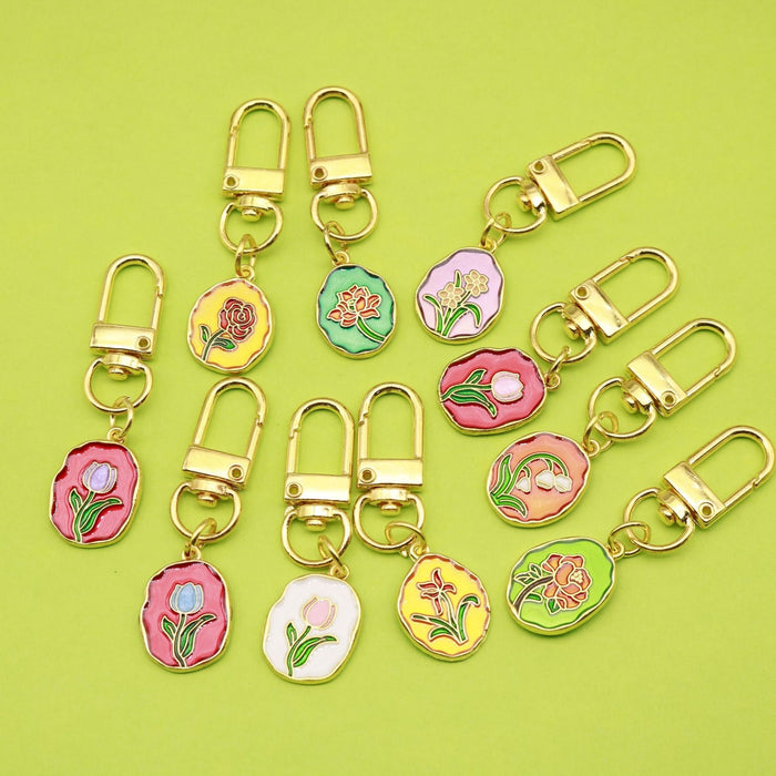 Zinc Alloy Enamel Oil Painting Flower Keychain Bag Charm – Gold
