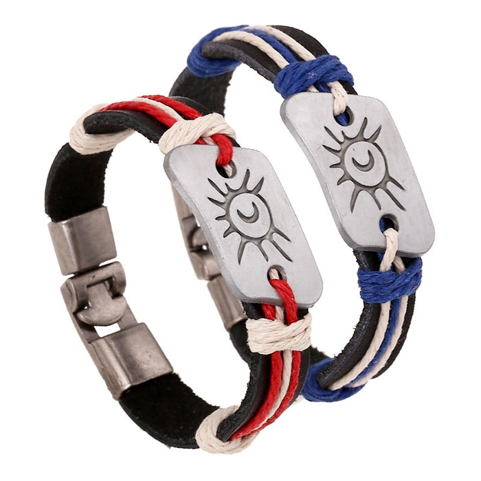Sun And Moon Buckle Hemp Rope Genuine Leather Bracelet, Vintage Braided Cowhide Jewelry