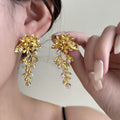 Luxury Gold Alloy Flower Leaf Tassel Stud Earrings With Pearl Accents Vintage Statement Earrings view 1