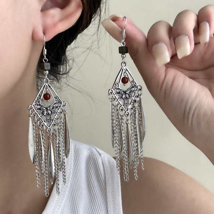 Vintage Ethnic Bohemian Alloy Diamond Leaf Long Chain Tassel Drop Dangle Statement Earrings