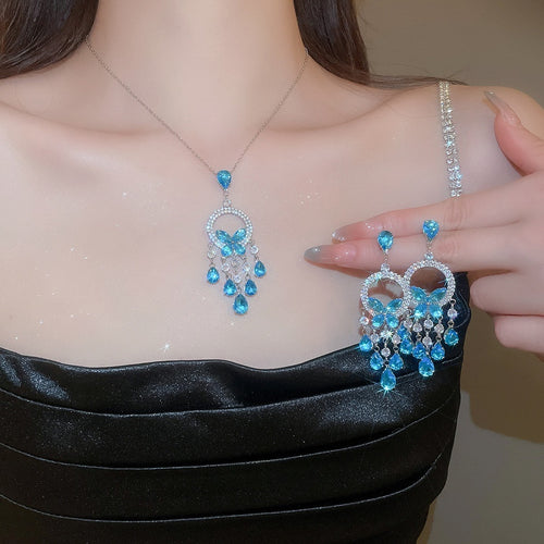 Copper Zircon Round Butterfly Tassel Jewelry Set French Elegant Collarbone Necklace