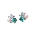 Premium Faux Pearl Flower Stud Earrings With Blue Square Zircon Geometric Elegant Commuter Design view 5