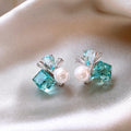 Premium Faux Pearl Flower Stud Earrings With Blue Square Zircon Geometric Elegant Commuter Design view 1
