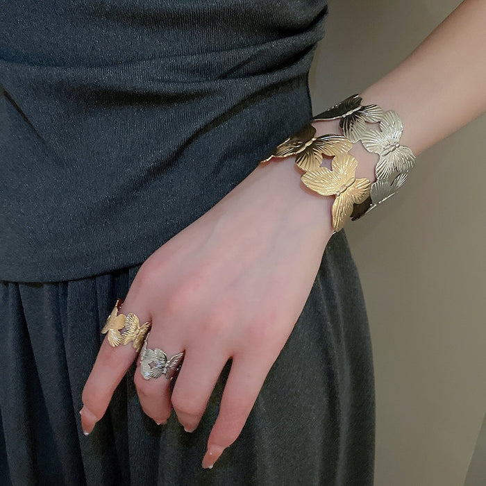 European Style Textured Metal Ginkgo Leaf Open Bracelet Ring Jewelry Set For Women