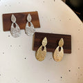 Copper Oval Textured Pendant Drop Earrings With Silver Needle Posts, European Statement Style view 2
