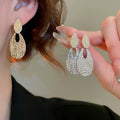 Copper Oval Textured Pendant Drop Earrings With Silver Needle Posts, European Statement Style view 1