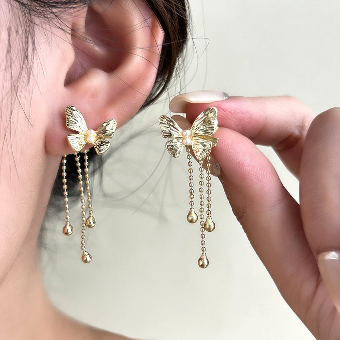 Elegant Gold Alloy Pearl Butterfly Tassel Stud Earrings For Women Light Luxury Fashion Earrings