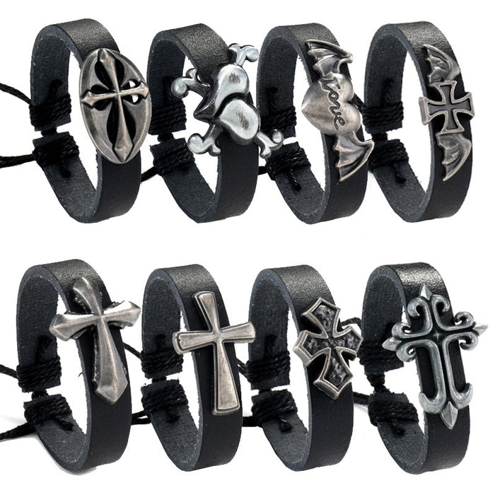 Vintage Braided Leather Cross Bracelet Adjustable Men's European American Wristband Accessory