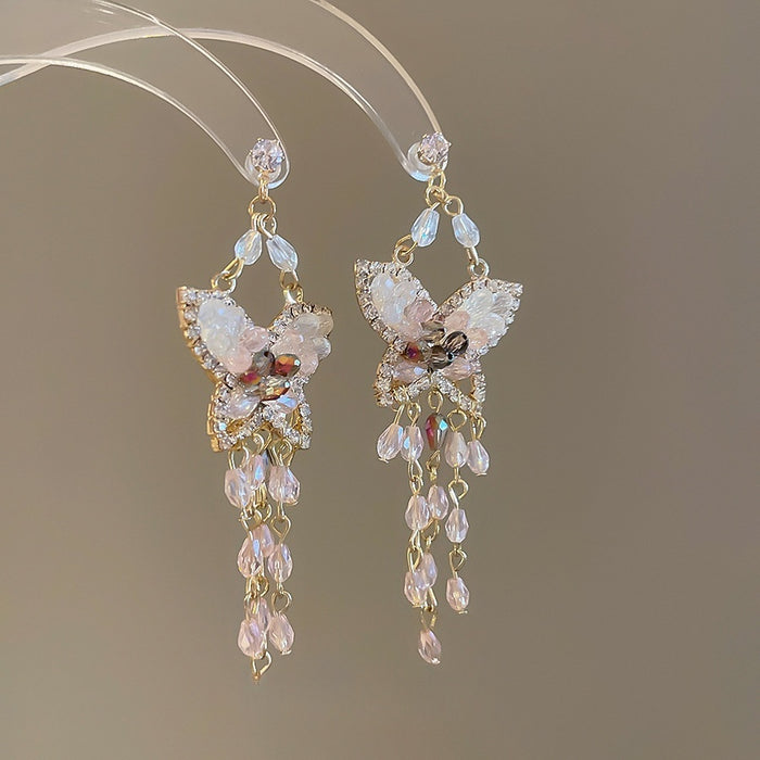 Retro Crystal Zircon Butterfly Tassel Drop Earrings With Silver Needle Elegant Women's Jewelry