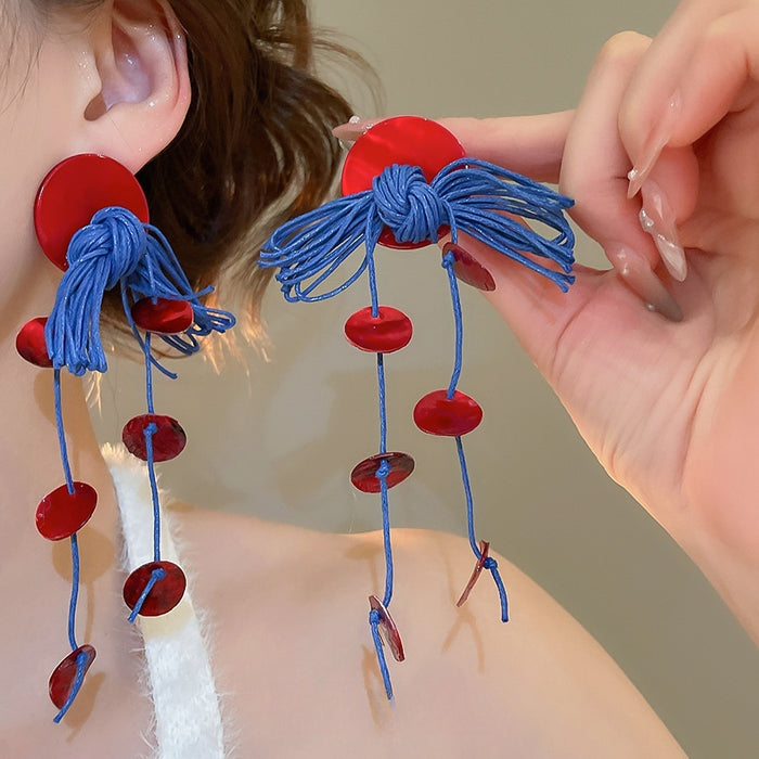 Round Shell Tassel Drop Earrings With Silver Needle Wax Cord Geometric Vacation Style