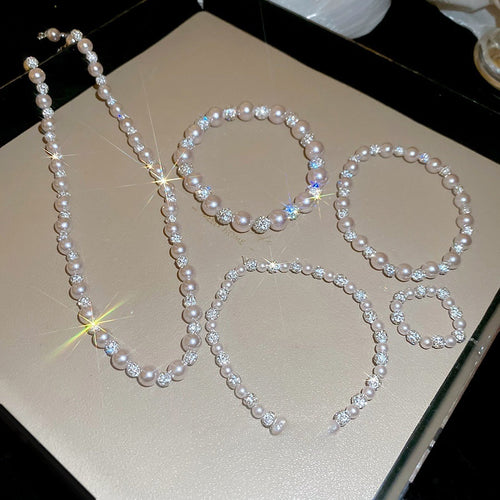 French Light Luxury Rhinestone Rose Faux Pearl Beaded Choker Necklace Jewelry Set