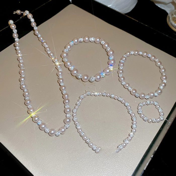 French Light Luxury Rhinestone Rose Faux Pearl Beaded Choker Necklace Jewelry Set