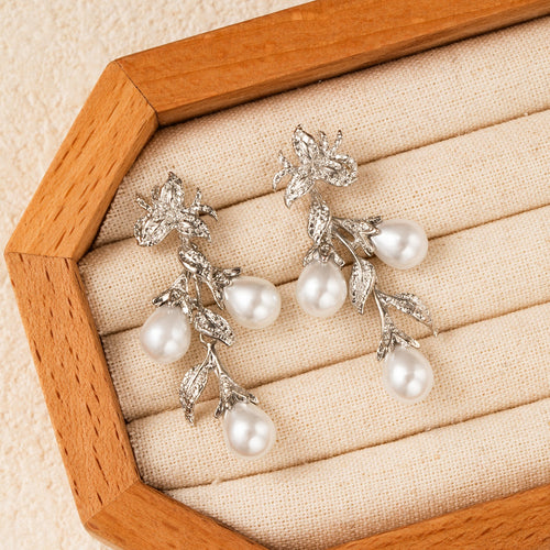 Elegant French Luxury Flower Leaf Rhinestone Alloy Long Drop Pearl Stud Earrings