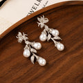 Elegant French Luxury Flower Leaf Rhinestone Alloy Long Drop Pearl Stud Earrings view 4