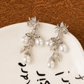 Elegant French Luxury Flower Leaf Rhinestone Alloy Long Drop Pearl Stud Earrings view 3