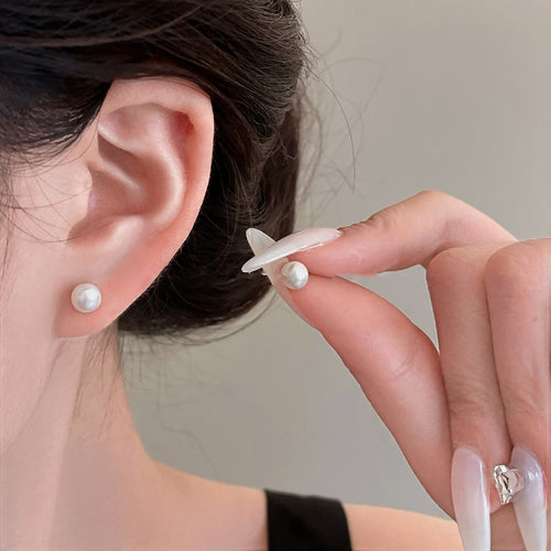 Minimalist Modern Freshwater Pearl Stud Earrings With Silver Pins, Round Geometric Light Luxury Design