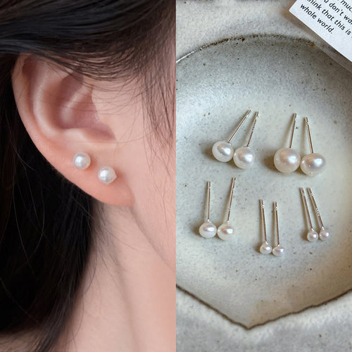 Minimalist Modern Freshwater Pearl Stud Earrings With Silver Pins, Round Geometric Light Luxury Design