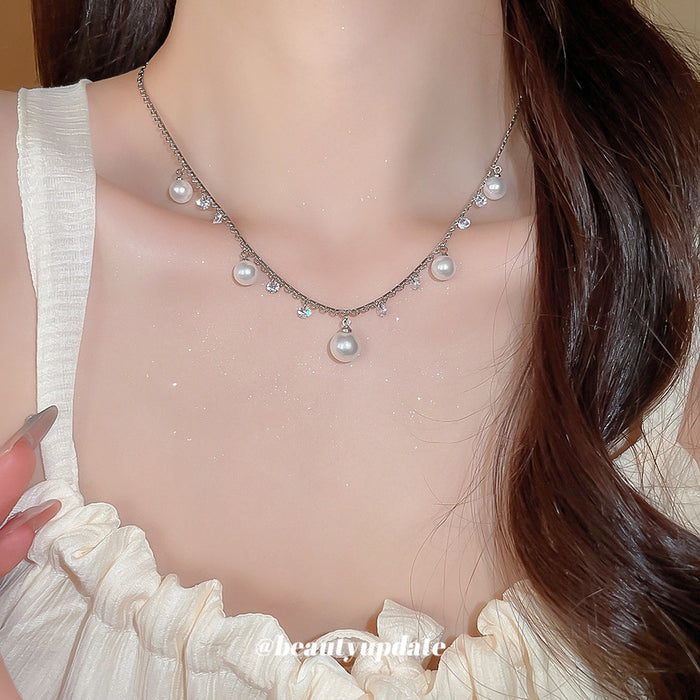 Korean Light Luxury Faux Pearl Tassel Necklace Geometric Round Clavicle Chain For Women