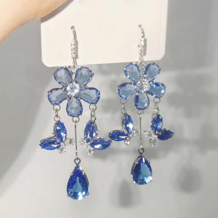 Chic Copper Icy Blue Butterfly Waterdrop Tassel Drop Earrings With Ear Hooks