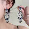 Vintage Palace Style Blue Crystal Pearl Rhinestone Long Dangle Luxury Silver Needle Earrings view 1