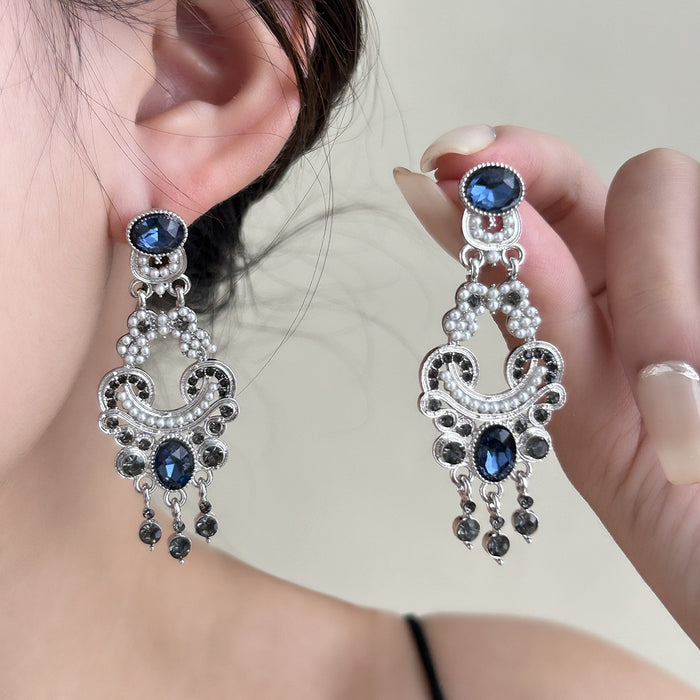 Vintage Palace Style Blue Crystal Pearl Rhinestone Long Dangle Luxury Silver Needle Earrings