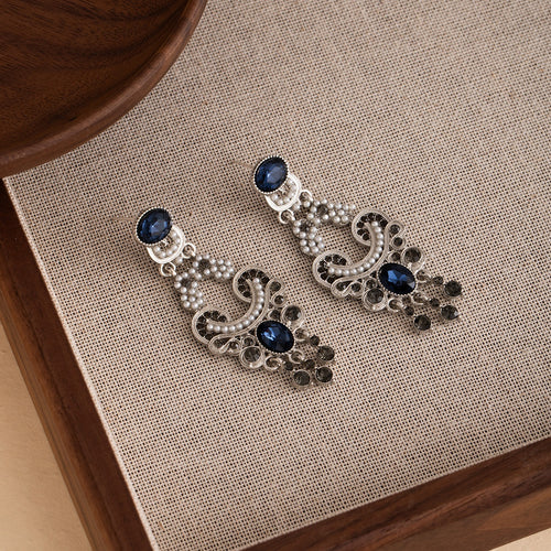 Vintage Palace Style Blue Crystal Pearl Rhinestone Long Dangle Luxury Silver Needle Earrings